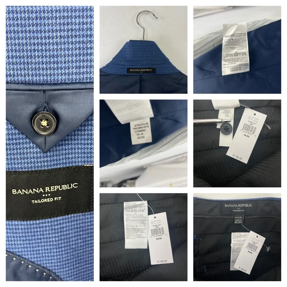 NWT Banana Republic Factory Tailored Fit Suit 2 Pc Blue Houndstooth 42S 34x30